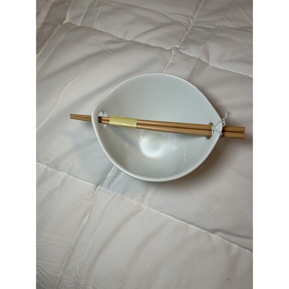 Crate & Barrel Kai Noodle / Rice Bowl White w/ Wood Chopsticks - Picture 1 of 4